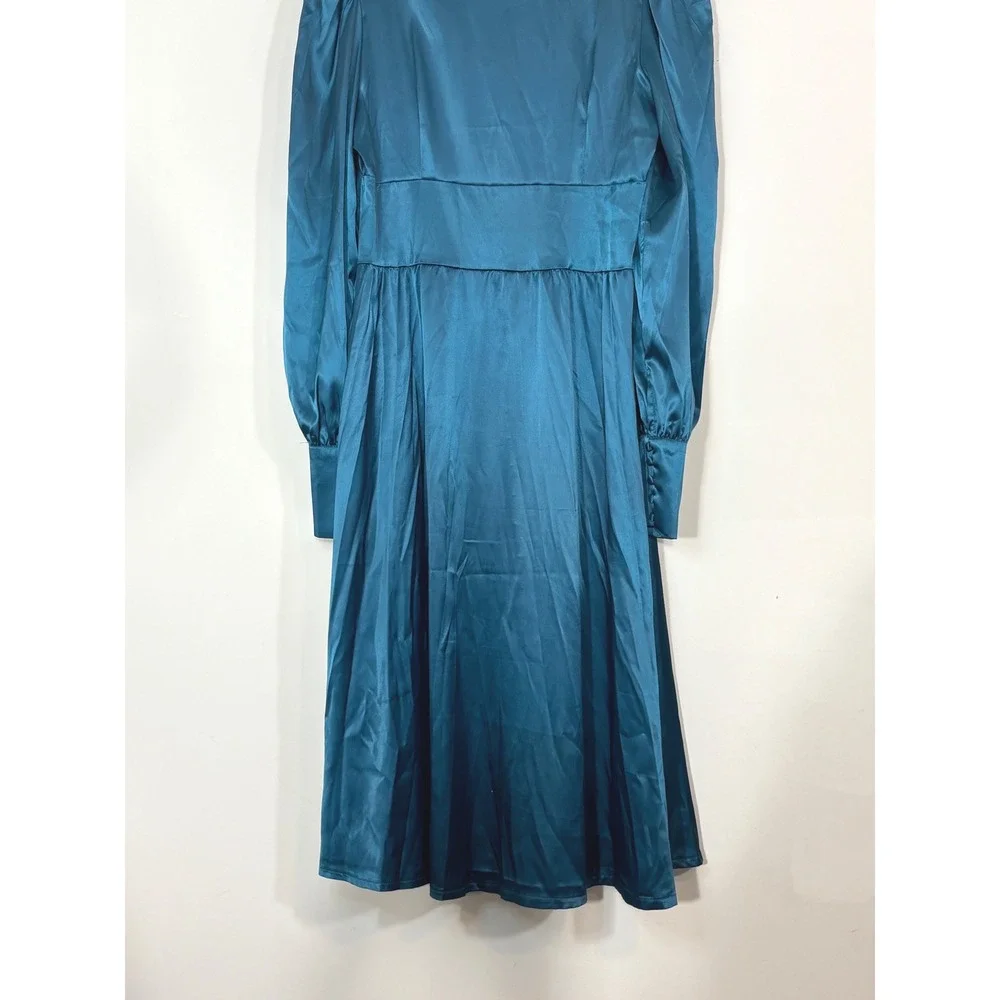 Colon Diana Teal Satin Bishop Sleeve Button Front Midi Dress Womens - Picture 13 of 16